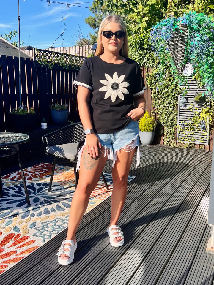Kerri Embroidered Flower T-Shirt BLACK