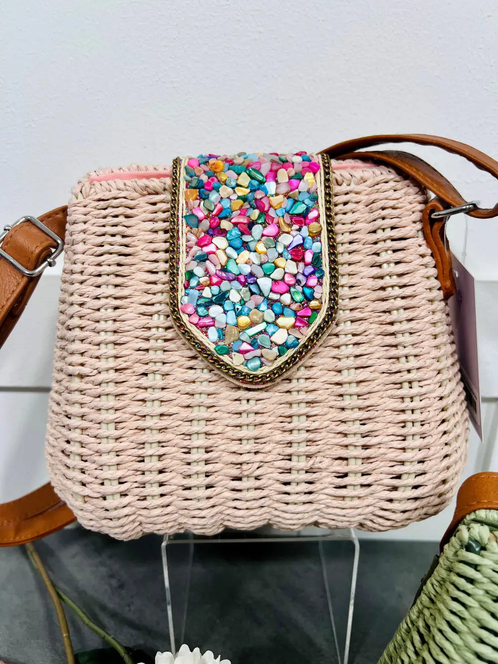 Krystal Pebble Straw Bag DUSKY PINK