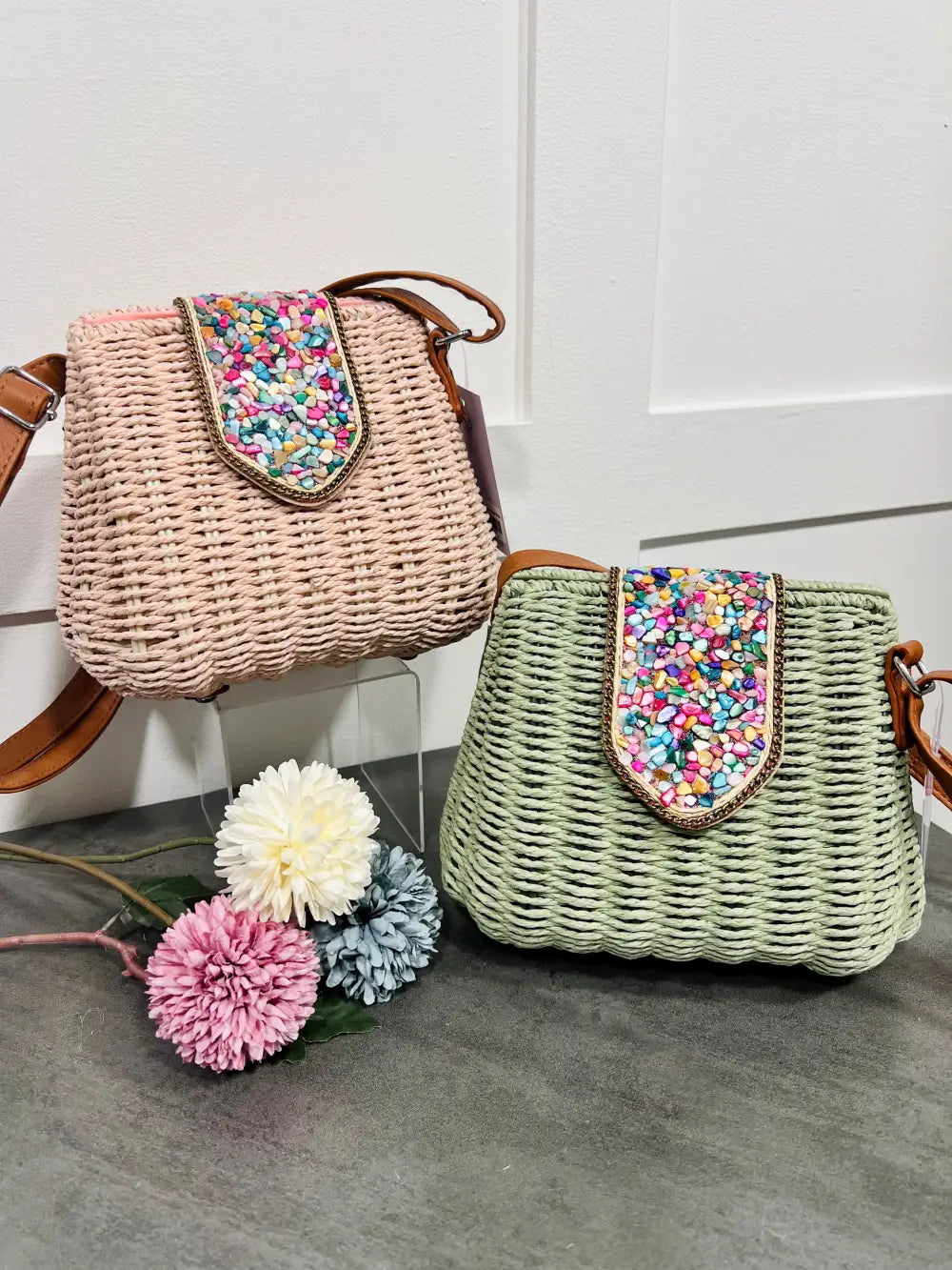 Krystal Pebble Straw Bag DUSKY PINK