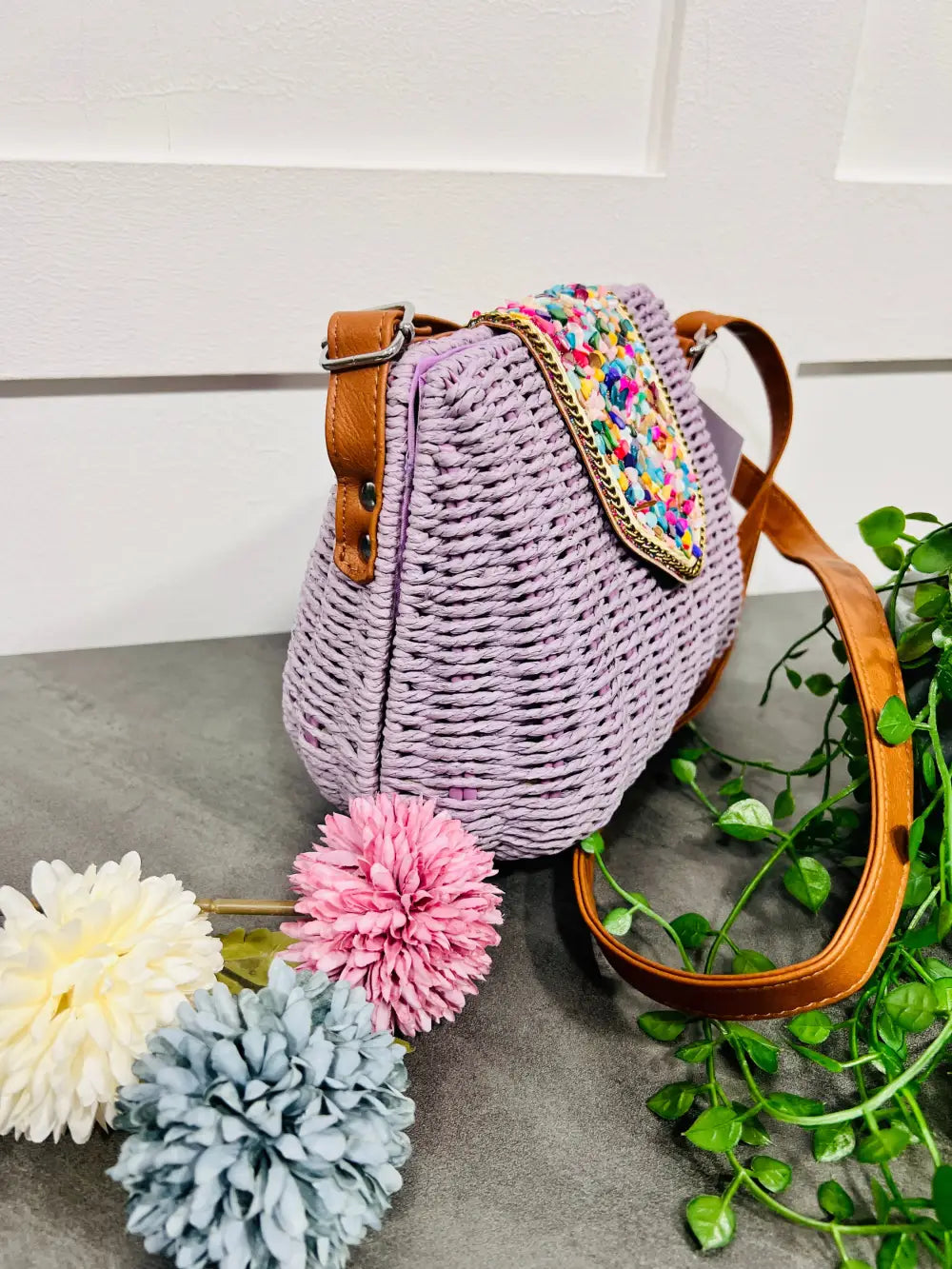 Krystal Pebble Straw Bag LILAC