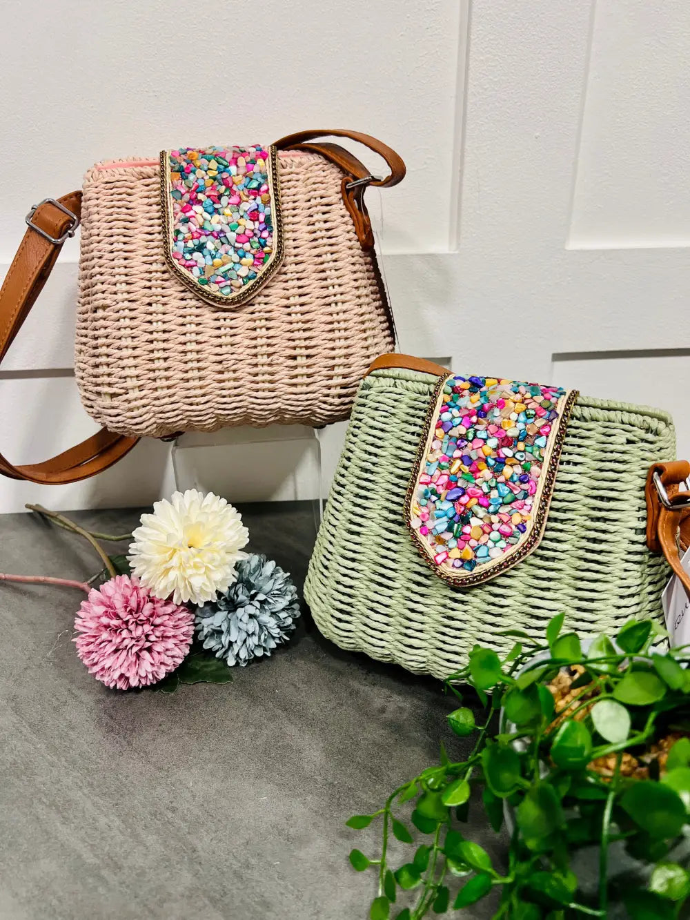Krystal Pebble Straw Bag SAGE
