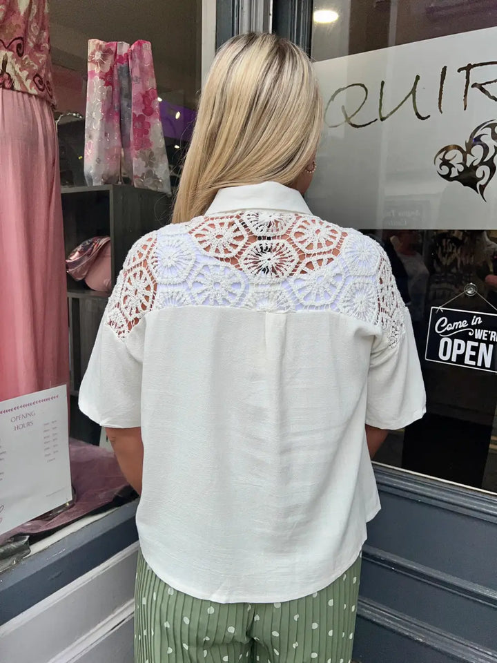 Linen Blend Crochet Shirt WHITE