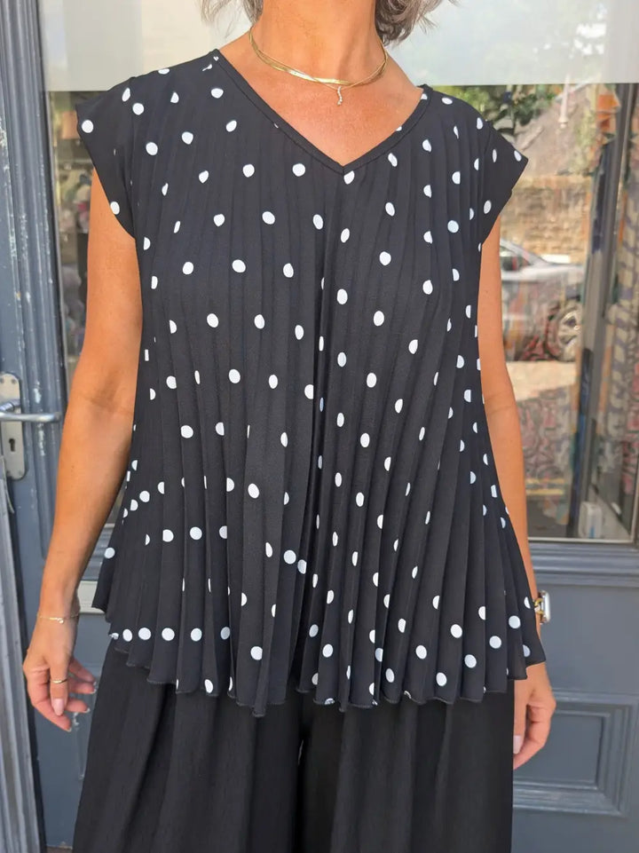 Maddie Pleated Polka Dot Top BLACK