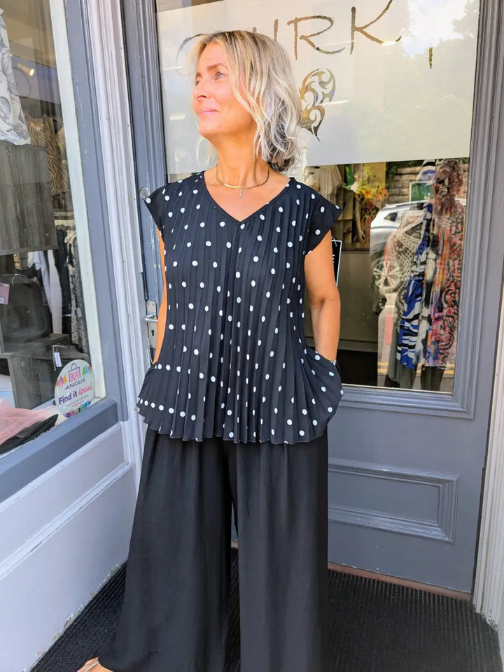 Maddie Pleated Polka Dot Top BLACK