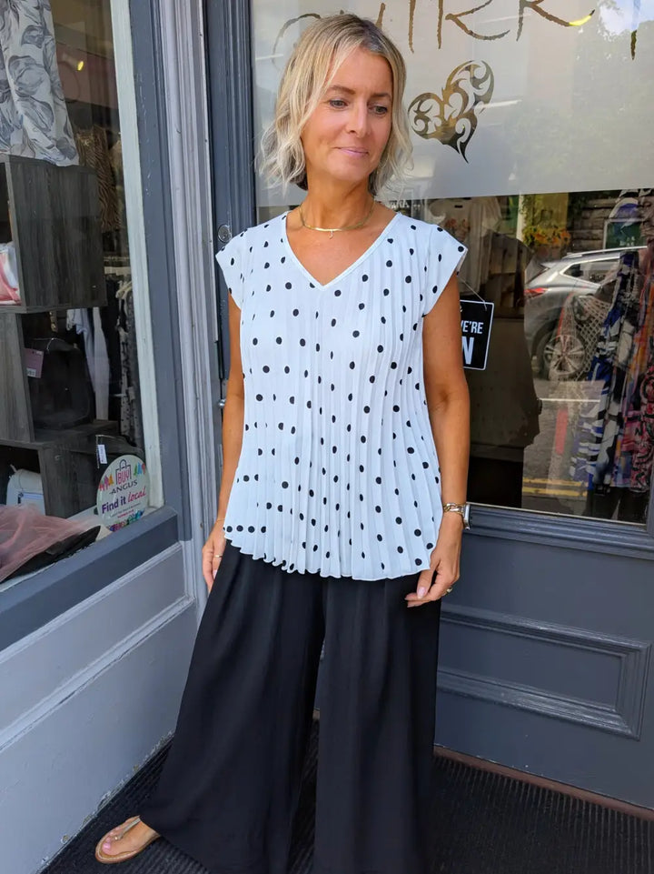 Maddie Pleated Polka Dot Top WHITE