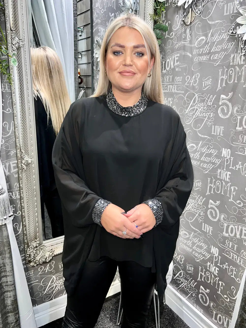 Makayla Sparkle Neck Chiffon Top BLACK