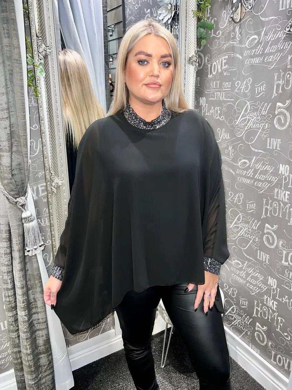 Makayla Sparkle Neck Chiffon Top BLACK