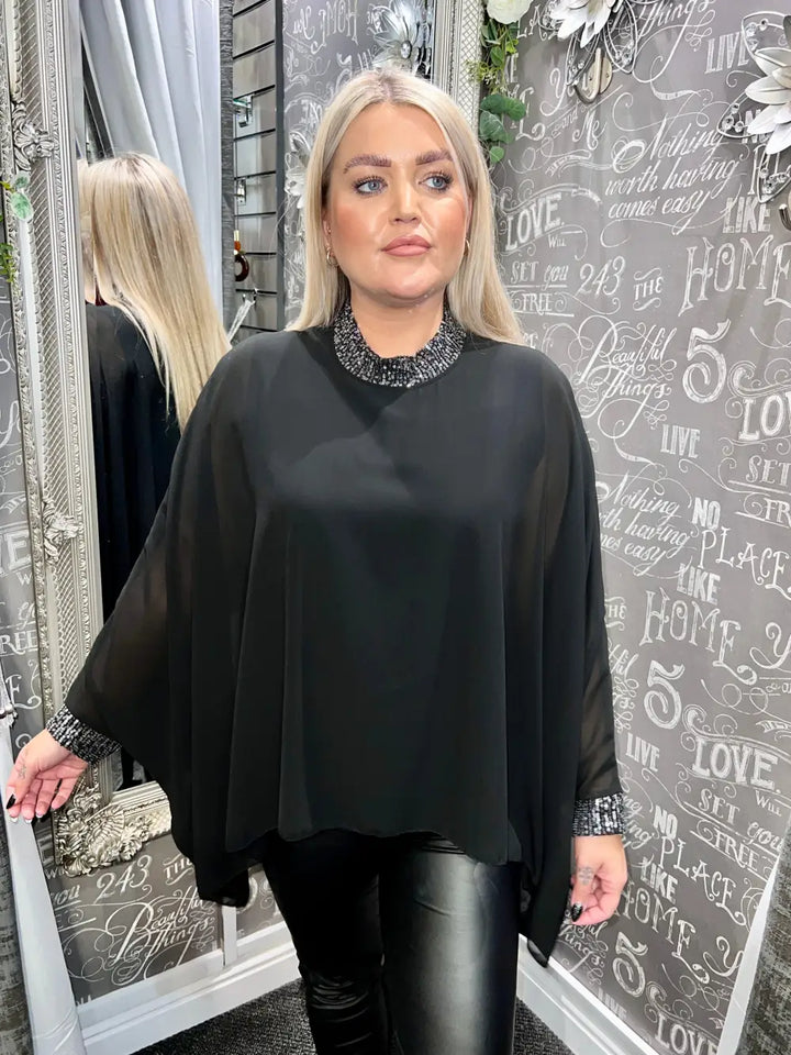 Makayla Sparkle Neck Chiffon Top BLACK