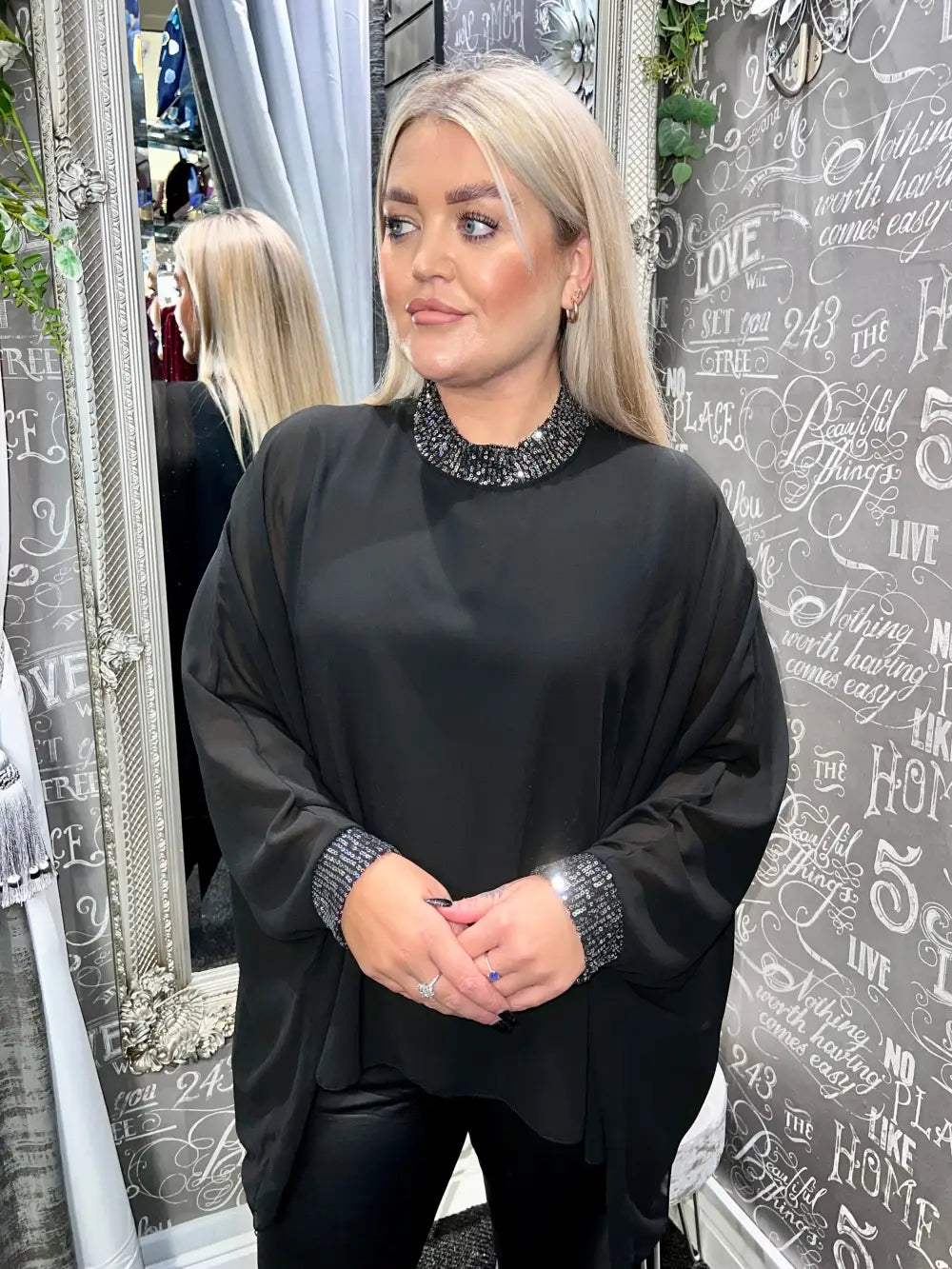 Makayla Sparkle Neck Chiffon Top BLACK