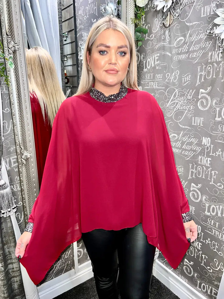 Makayla Sparkle Neck Chiffon Top CLARET