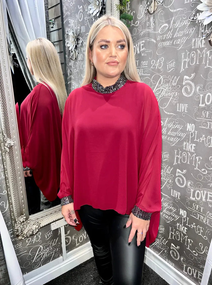 Makayla Sparkle Neck Chiffon Top CLARET