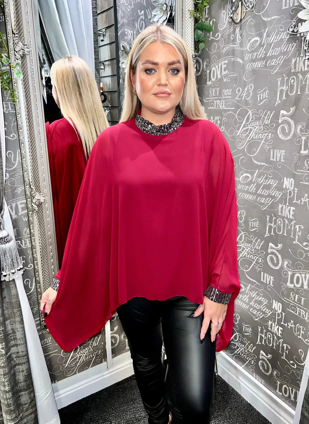 Makayla Sparkle Neck Chiffon Top CLARET