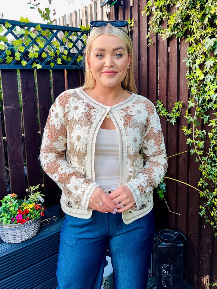 Marissa Flower Crochet Cardigan LIGHT MOCHA
