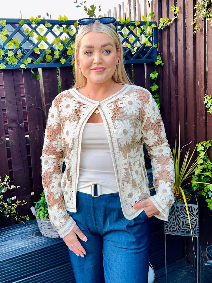 Marissa Flower Crochet Cardigan LIGHT MOCHA