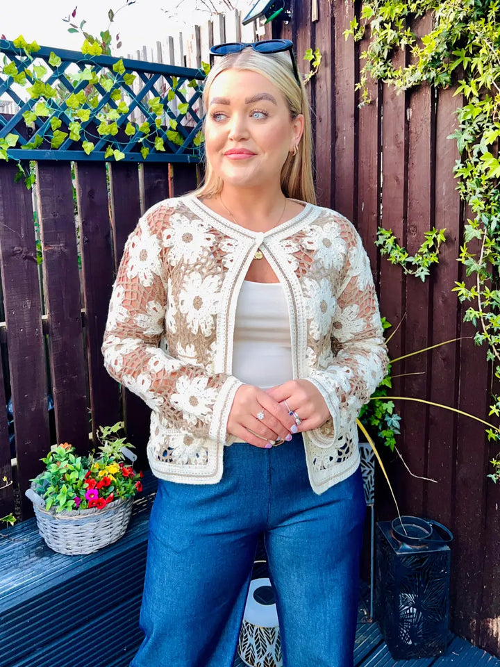 Marissa Flower Crochet Cardigan LIGHT MOCHA