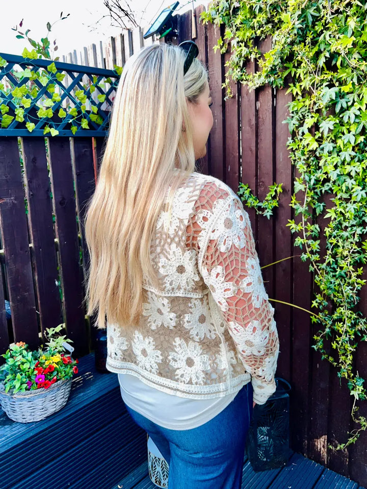 Marissa Flower Crochet Cardigan LIGHT MOCHA