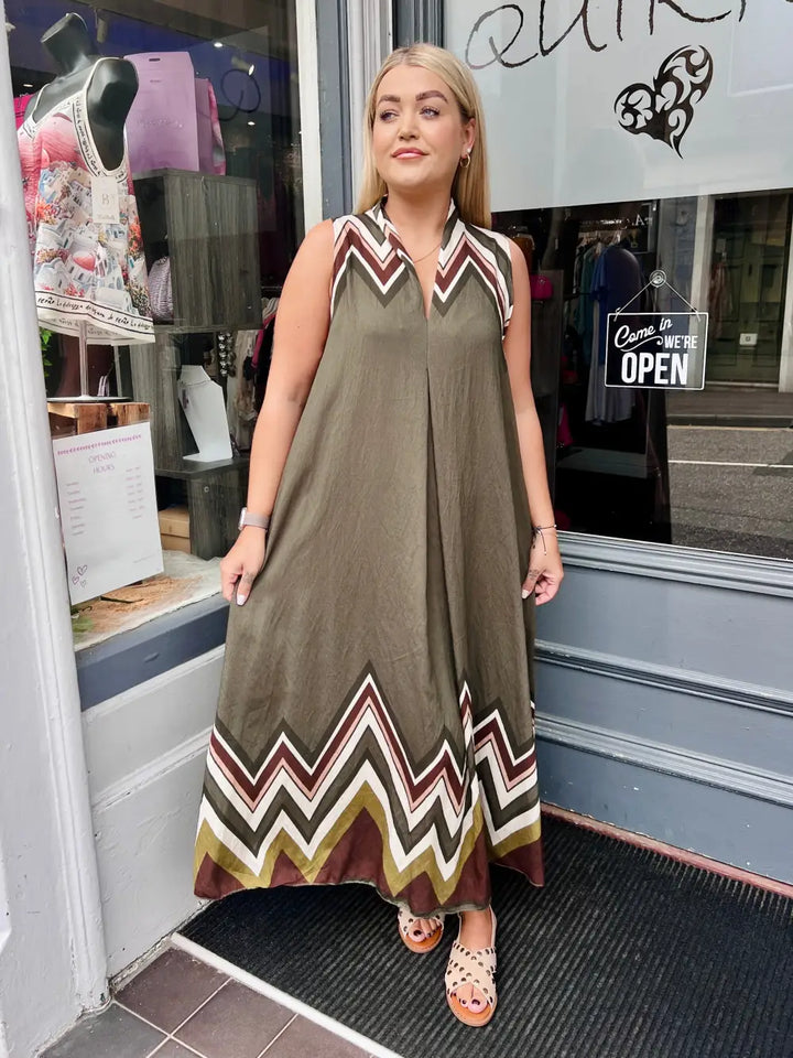 Mila Zig Zag Maxi Dress KHAKI