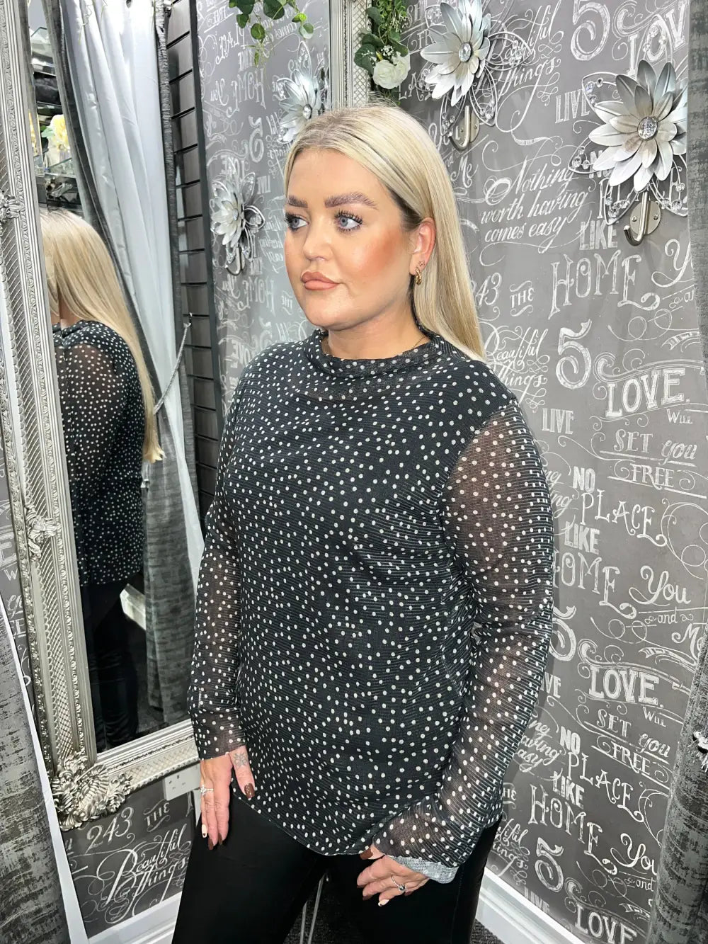 Misha Polka Dot Double Layer Mesh Top BLACK