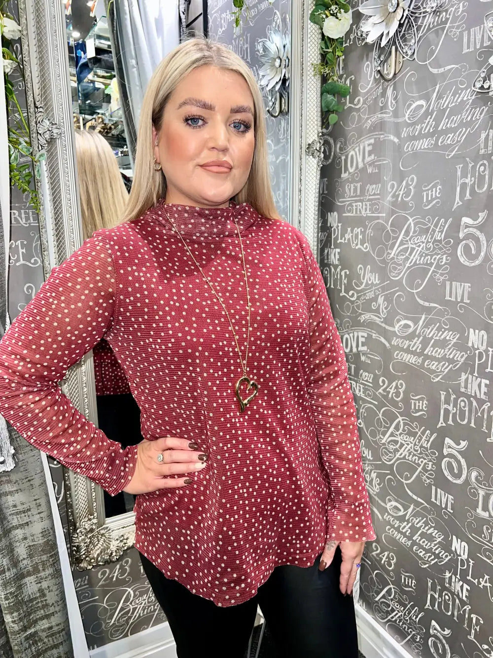 Misha Polka Dot Double Layer Mesh Top WINE