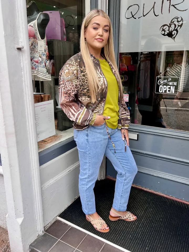 Mixed Animal Print Sheer Bomber Jacket GREEN