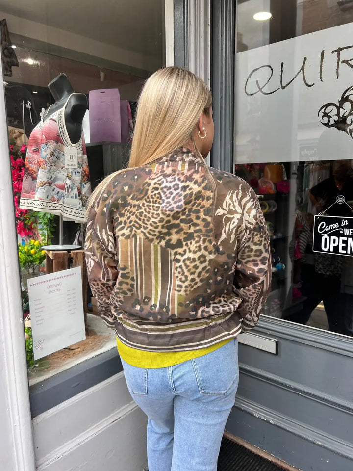Mixed Animal Print Sheer Bomber Jacket GREEN