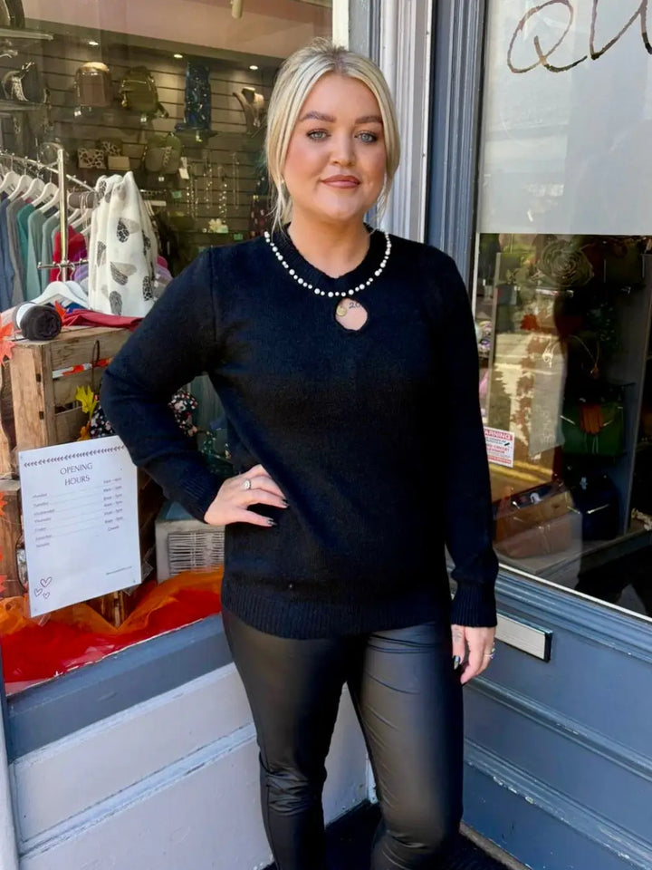 Monica Pearl Neck Jumper BLACK