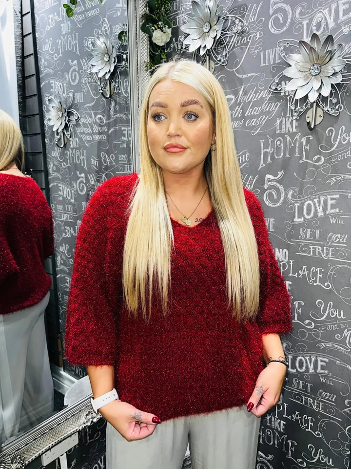 Moxie 3/4 Length Sleeve Fluffy Jumper CLARET