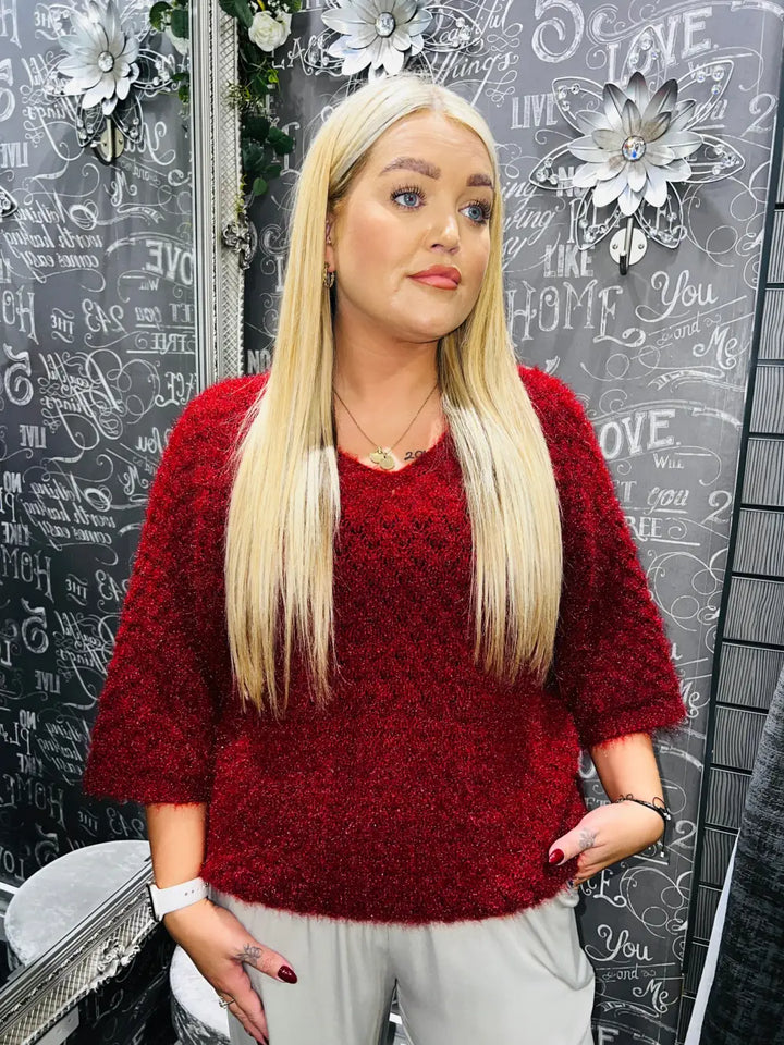 Moxie 3/4 Length Sleeve Fluffy Jumper CLARET
