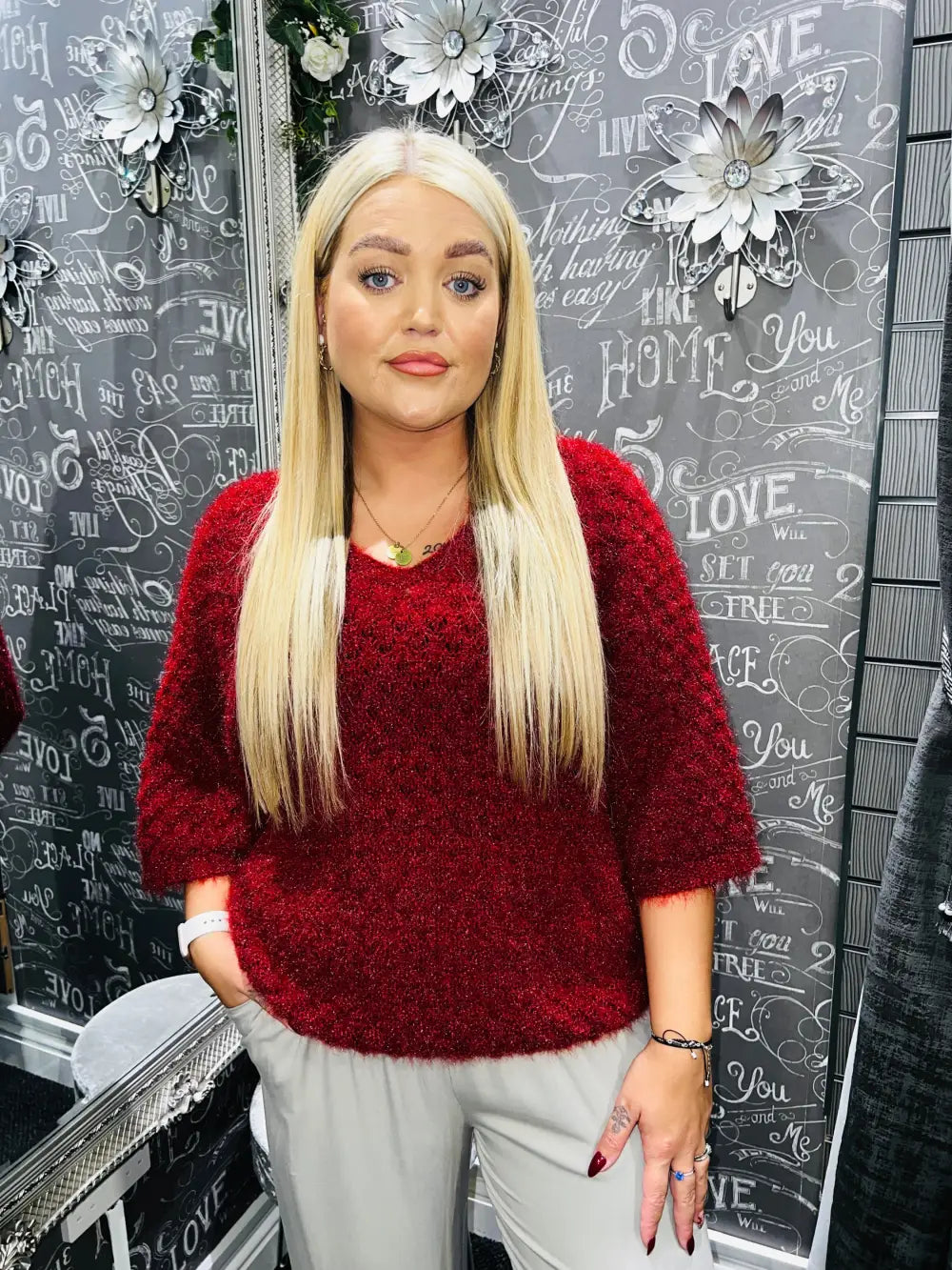 Moxie 3/4 Length Sleeve Fluffy Jumper CLARET