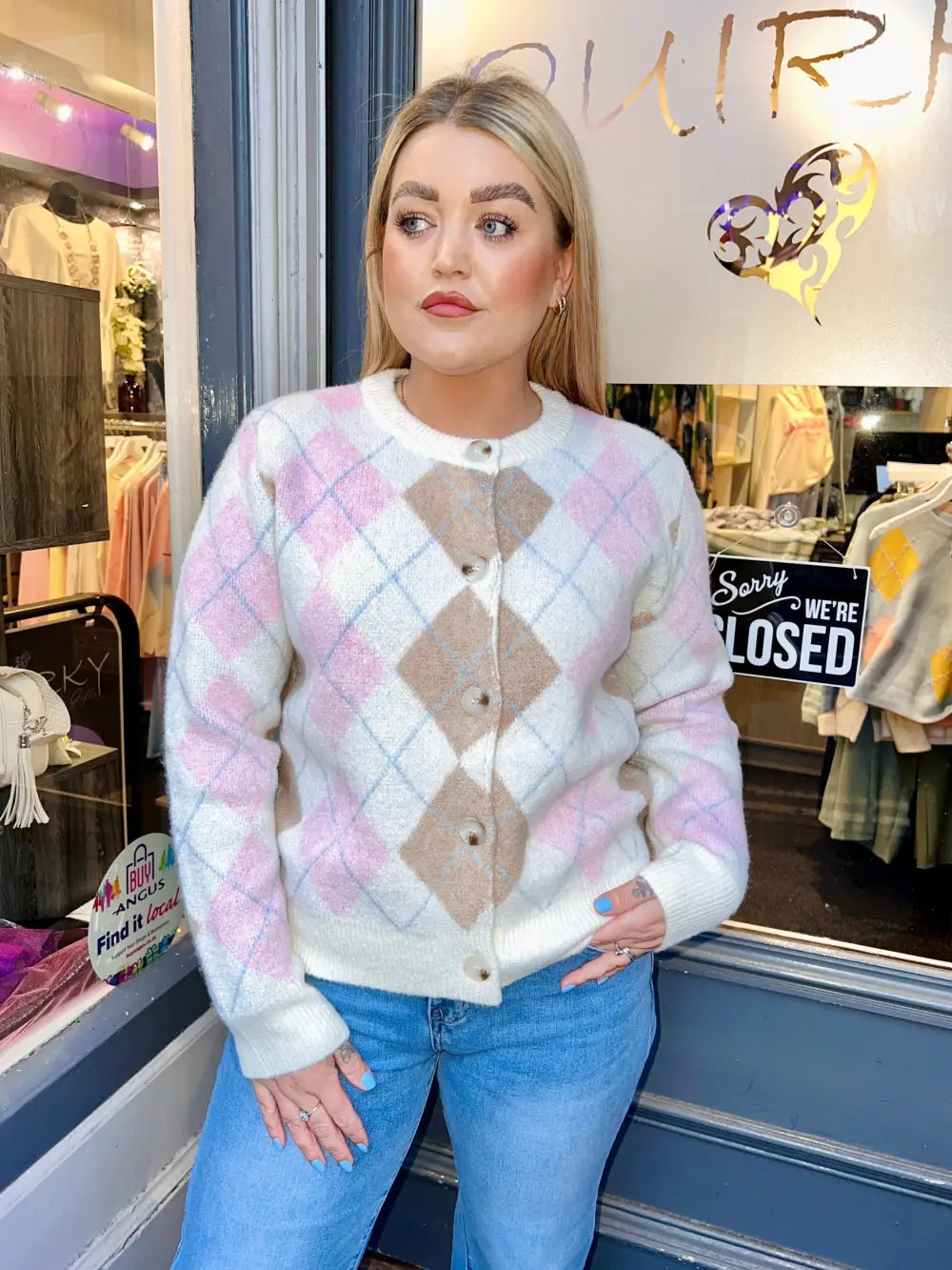 Mya Argyle Print Cardigan CREAM - Knitwear