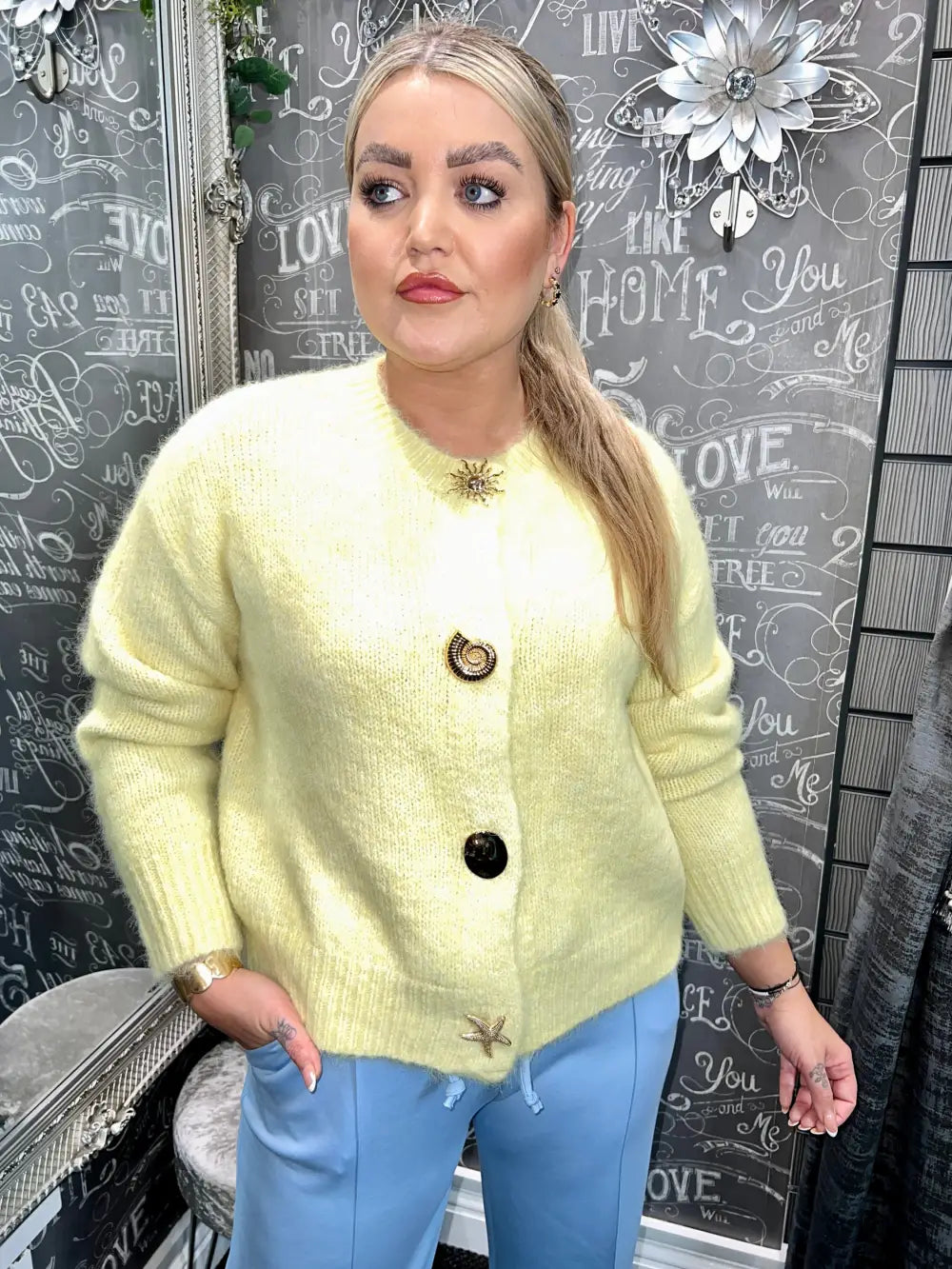 Olivia Gold Button Design Cardigan LEMON - S/M - Knitwear