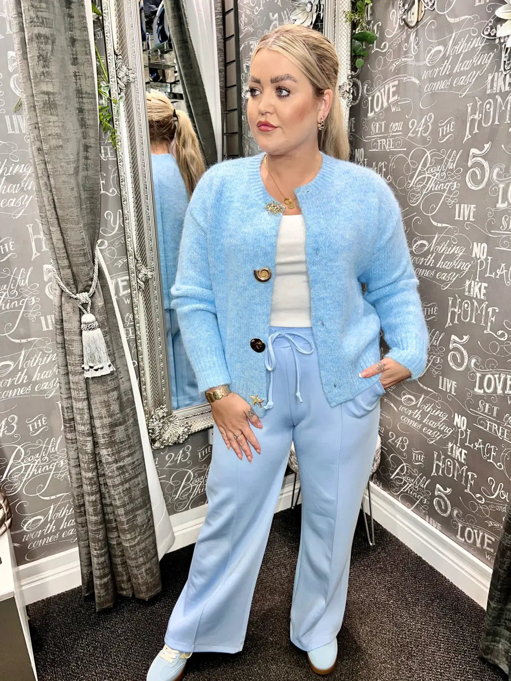 Olivia Gold Button Design Cardigan LIGHT BLUE