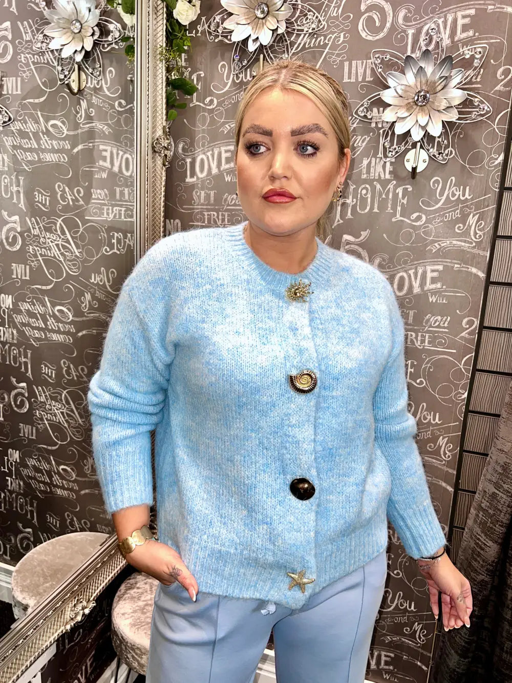 Olivia Gold Button Design Cardigan LIGHT BLUE