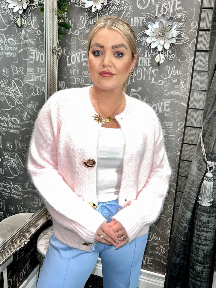 Olivia Gold Button Design Cardigan LIGHT PINK - Knitwear