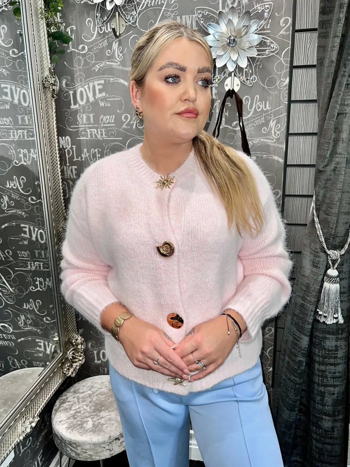 Olivia Gold Button Design Cardigan LIGHT PINK - S/M - Knitwear