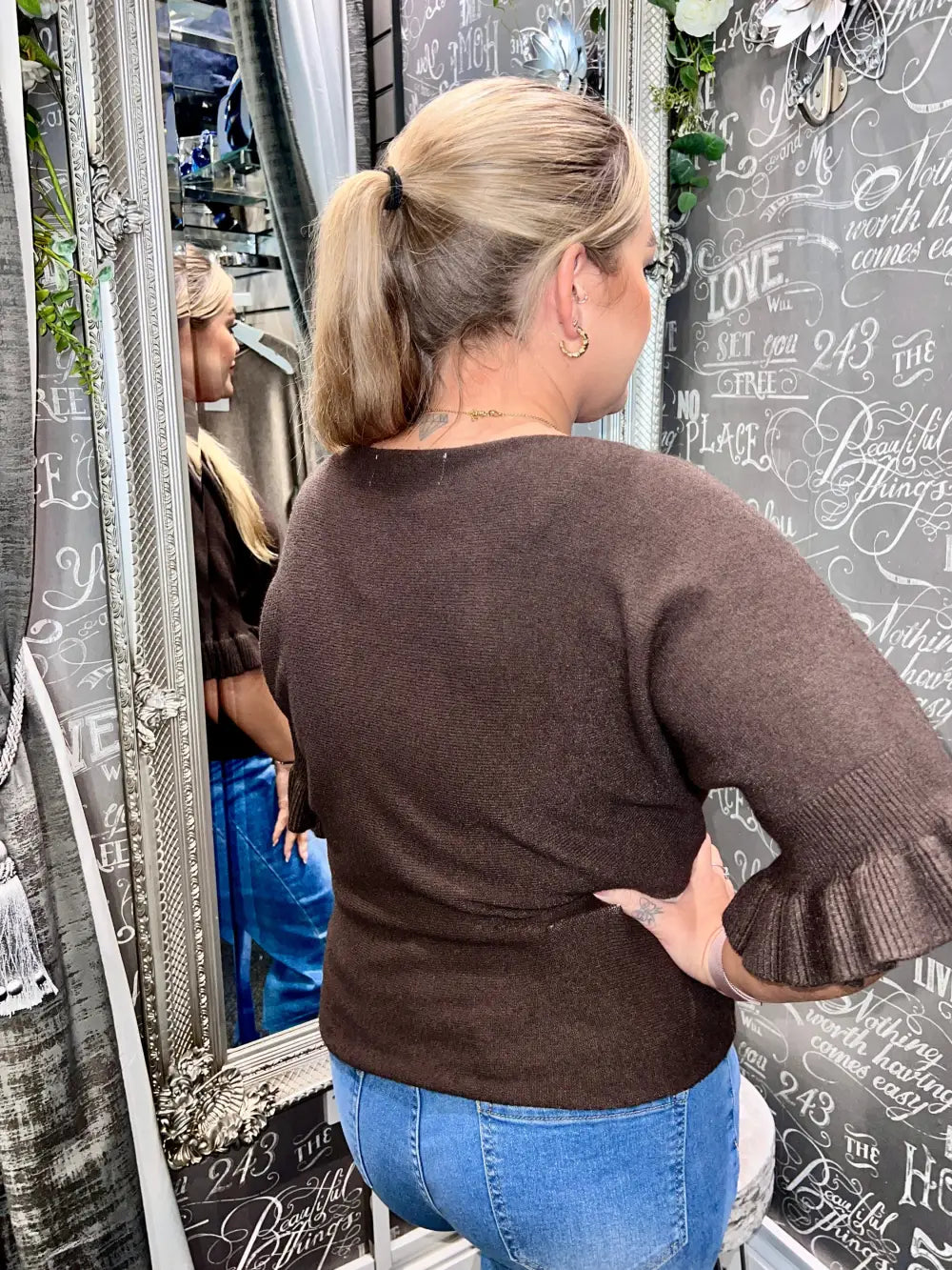 Paige Frill Sleeve Knit CHOCOLATE