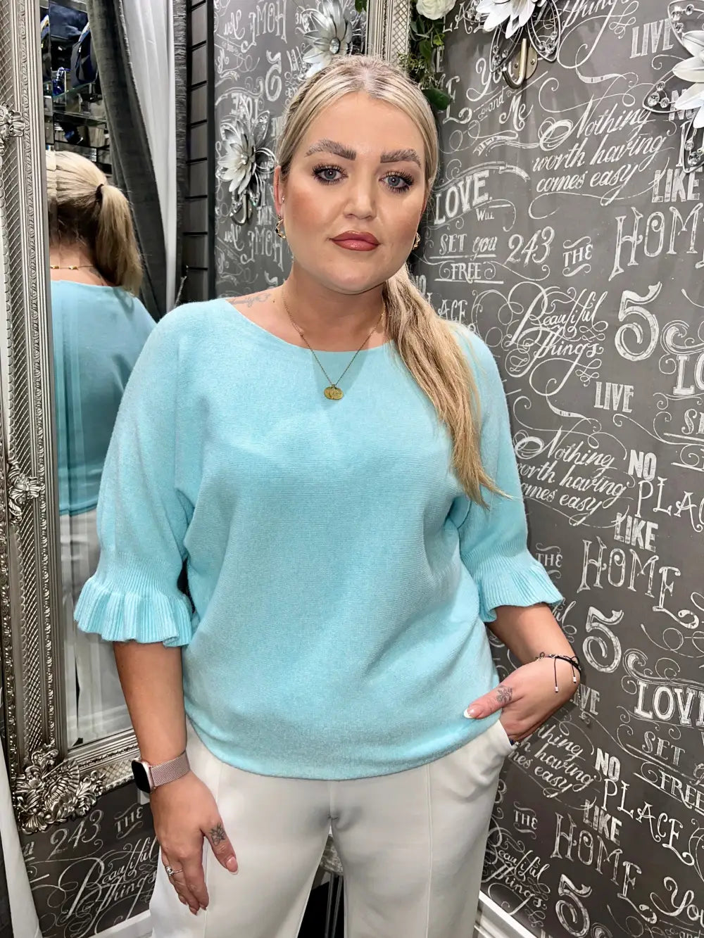 Paige Frill Sleeve Knit LIGHT TURQUOISE