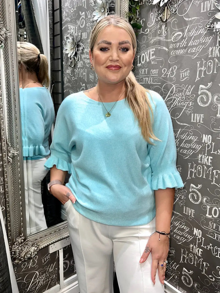 Paige Frill Sleeve Knit LIGHT TURQUOISE