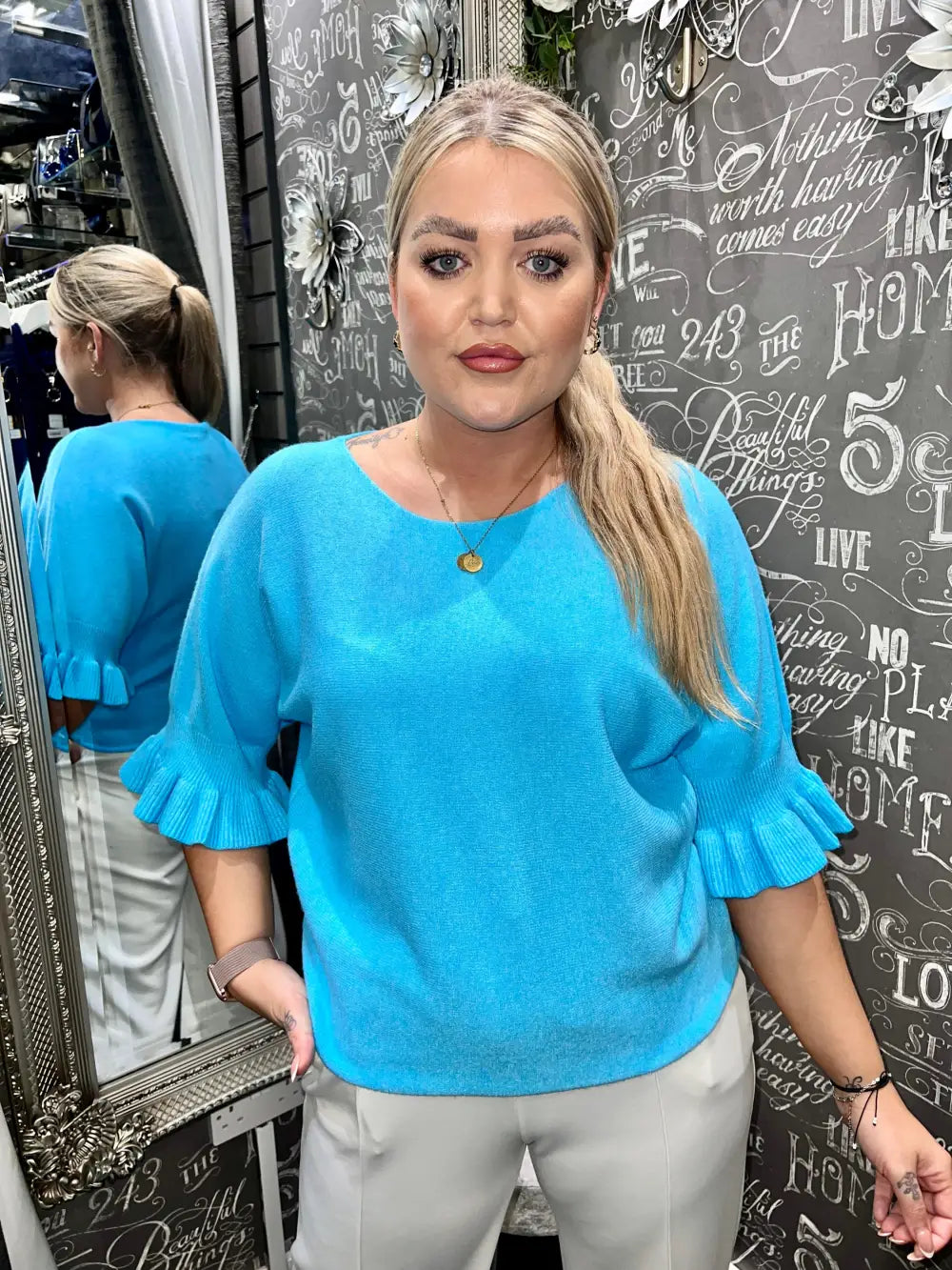 Paige Frill Sleeve Knit TURQUOISE