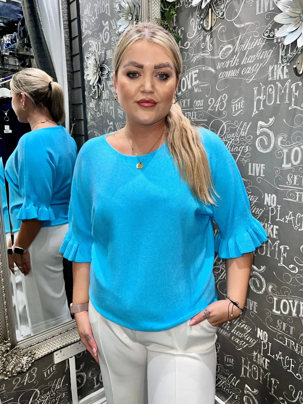 Paige Frill Sleeve Knit TURQUOISE