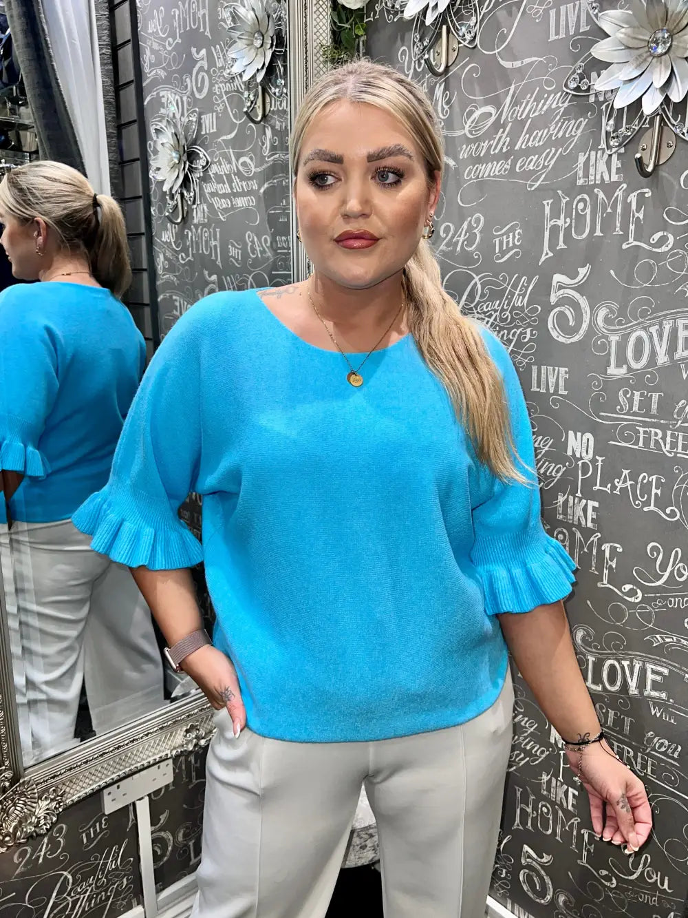 Paige Frill Sleeve Knit TURQUOISE