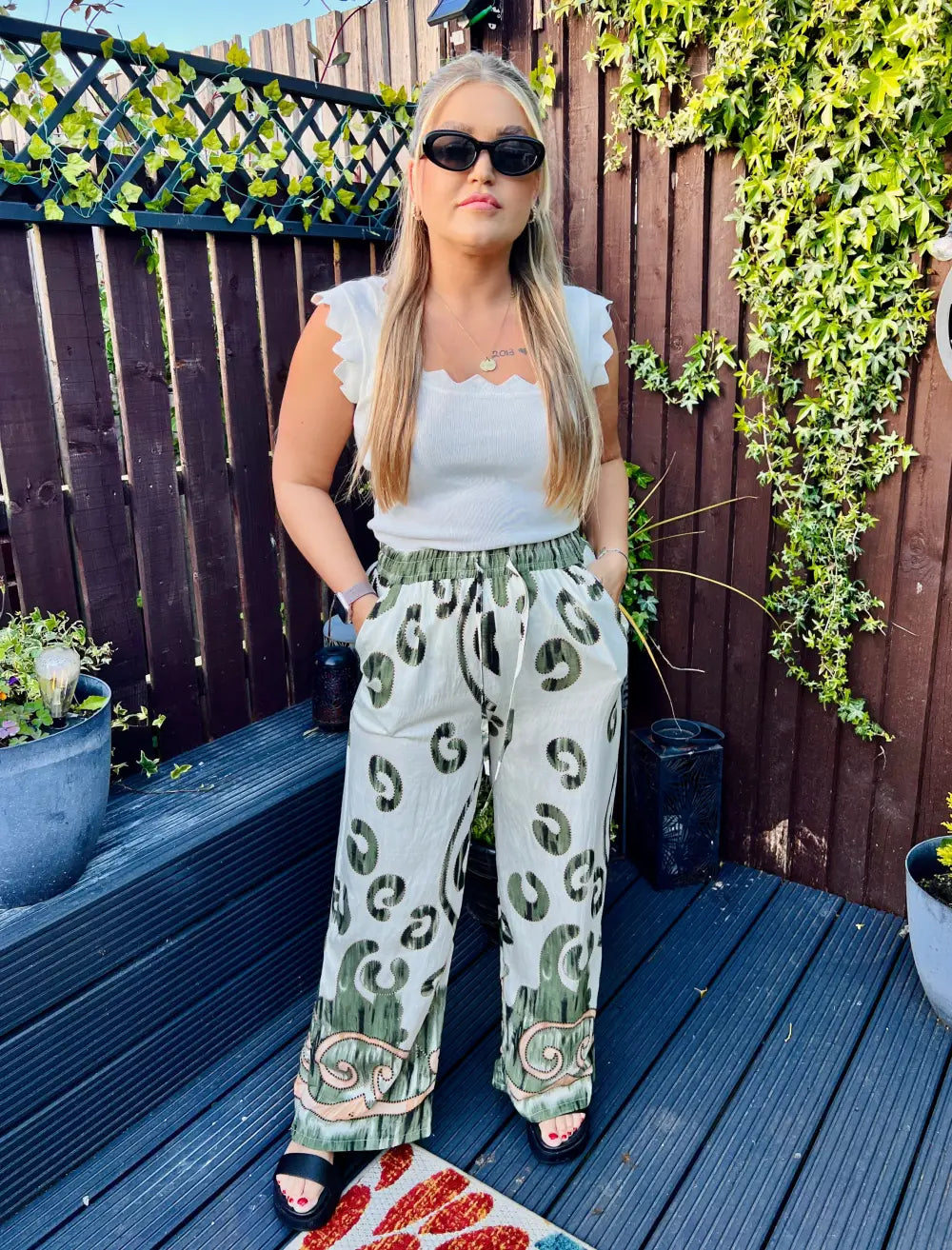 Paisley Printed Wide Leg Trousers KHAKI