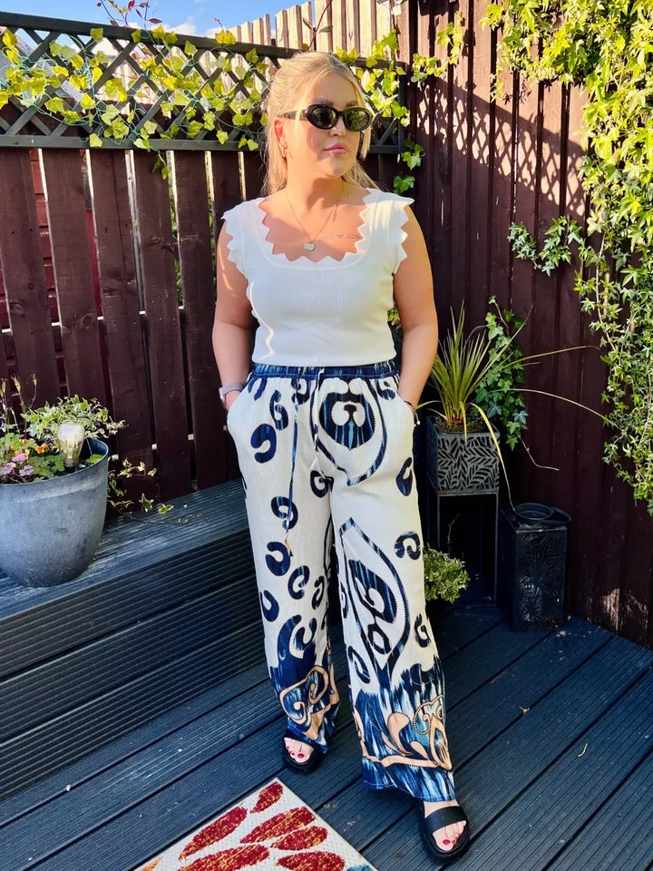 Paisley Printed Wide Leg Trousers NAVY