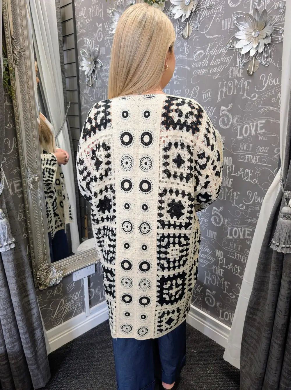 Penny Long Crochet Cardigan BLACK/CREAM