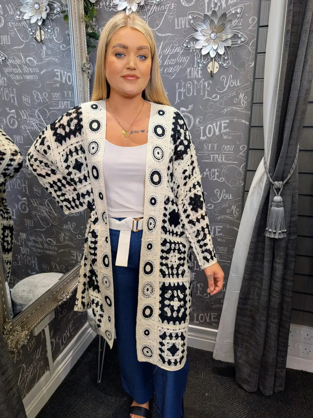 Penny Long Crochet Cardigan BLACK/CREAM
