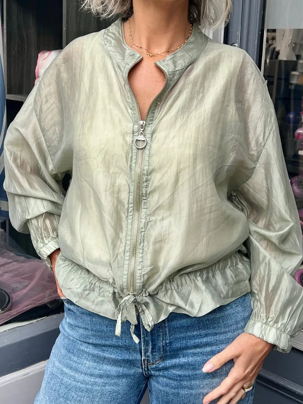 Plain Mesh Bomber Jacket SAGE