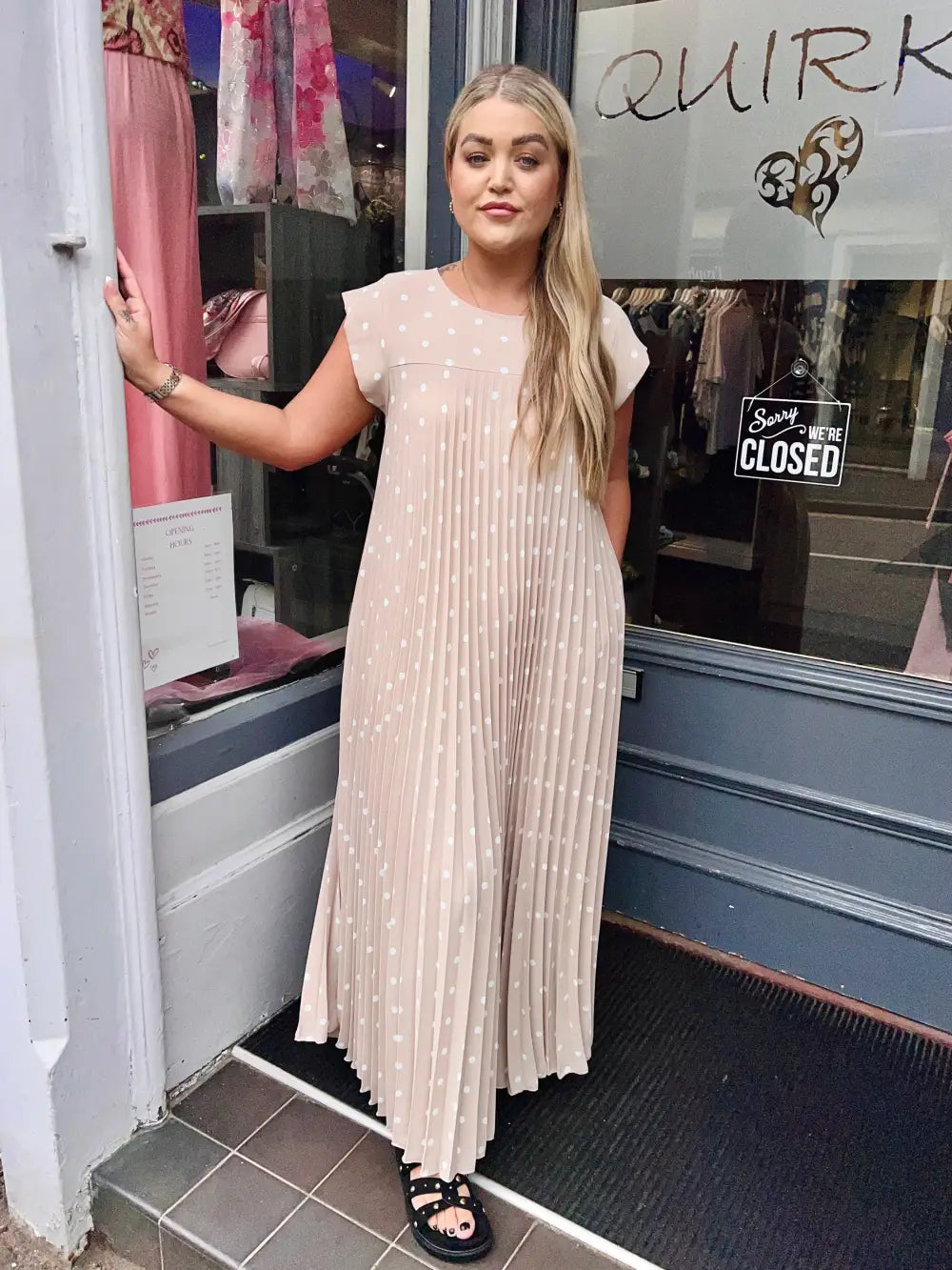 Polka Dot Pleated Maxi Dress BEIGE