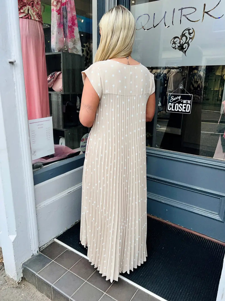Polka Dot Pleated Maxi Dress BEIGE