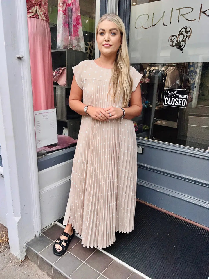 Polka Dot Pleated Maxi Dress BEIGE