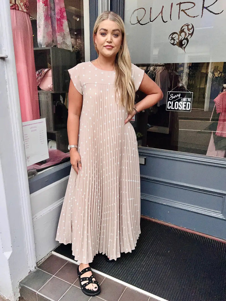 Polka Dot Pleated Maxi Dress BEIGE